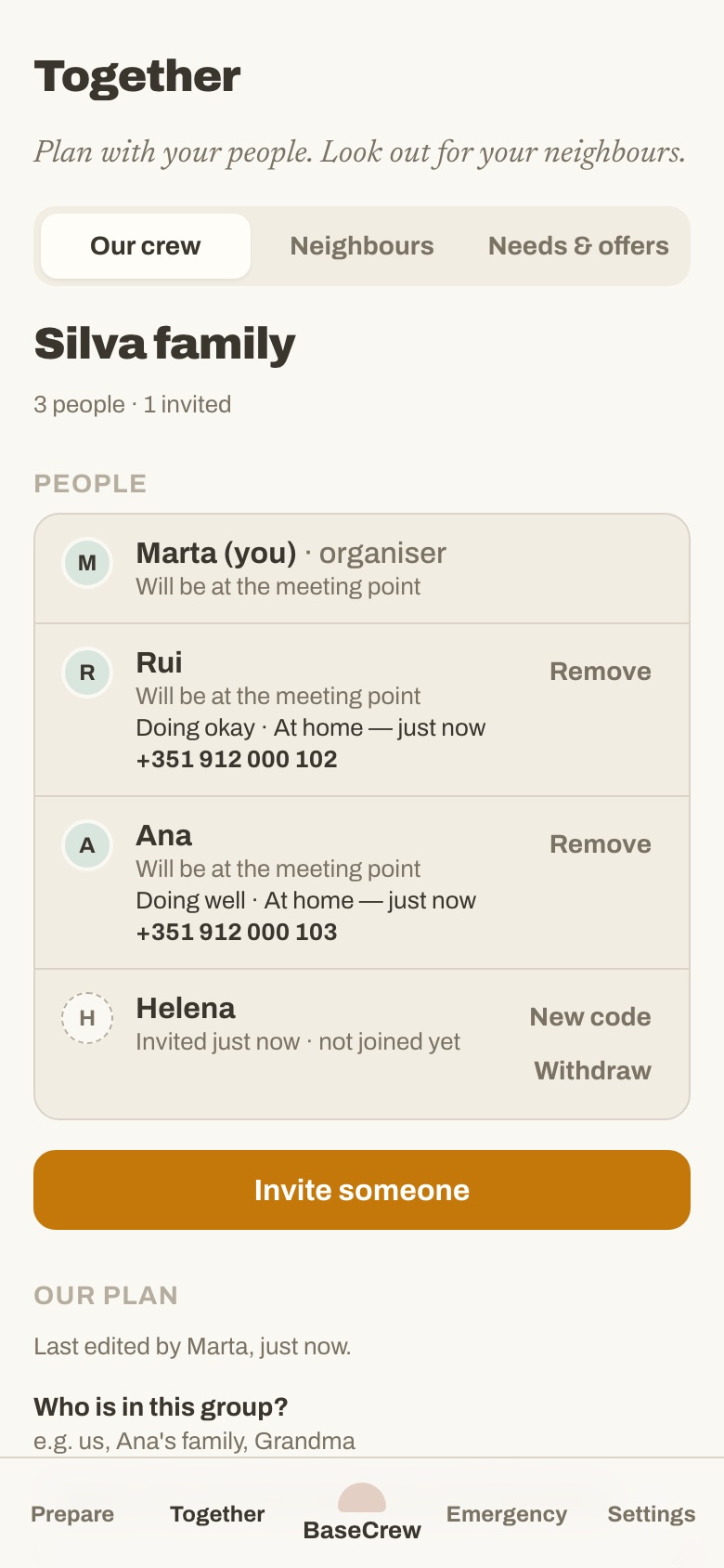 A crew of three: who will be at the meeting point, their latest updates, and the shared plan.