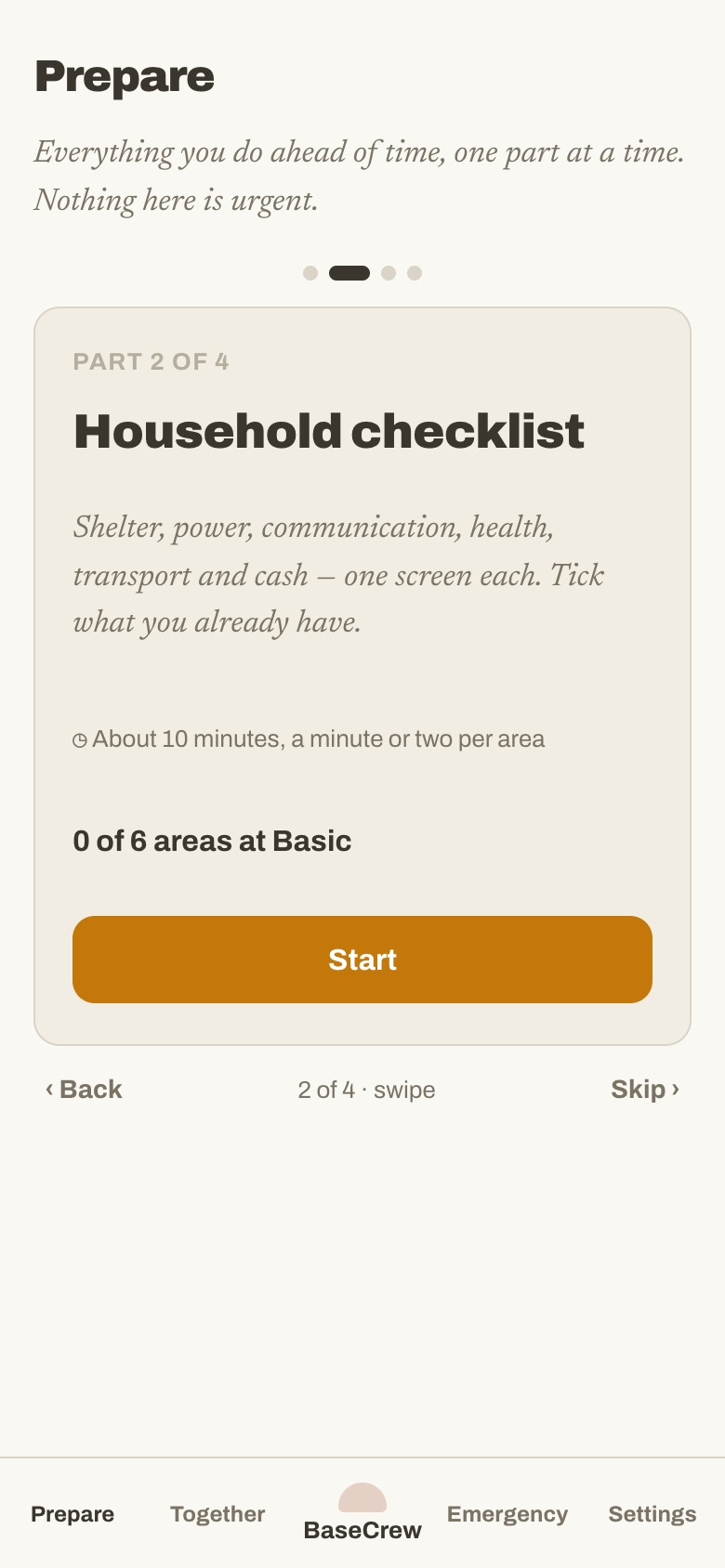 Prepare: the household checklist, one area at a time, about ten minutes.